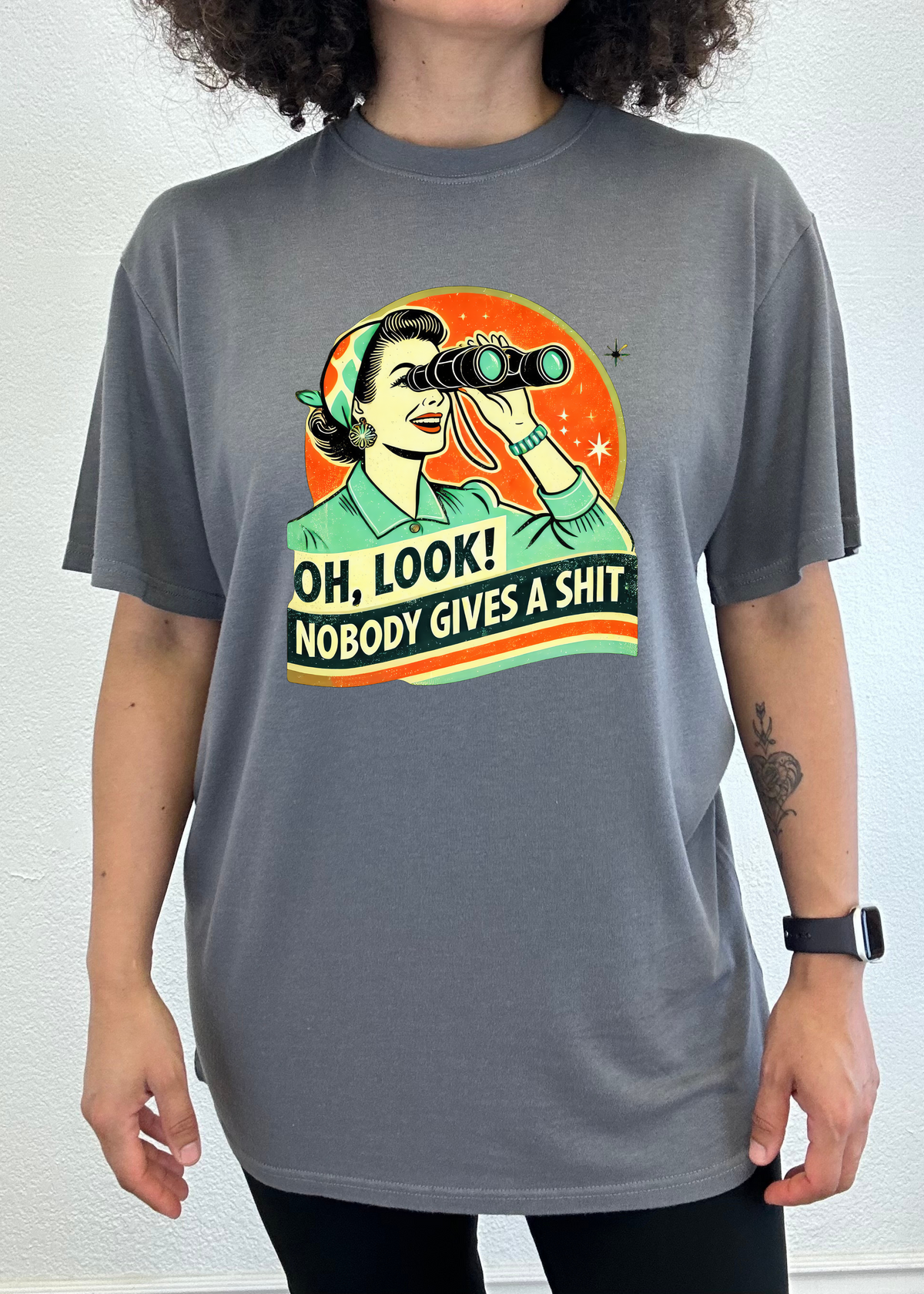 Mens Spun Bamboo graphic T-shirt featuring a humorous retro woman design in unisex bamboo and cotton fabric.