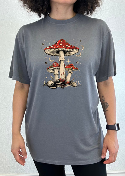Men's Spun Bamboo boho retro hippie mushrooms graphic T-shirt with natural bamboo and cotton fabric, featuring colorful mushroom design.
