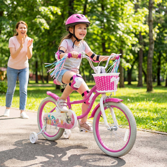 Pink 18-inch kids bike with training wheels and a front basket, designed for young children by GBruno Store.