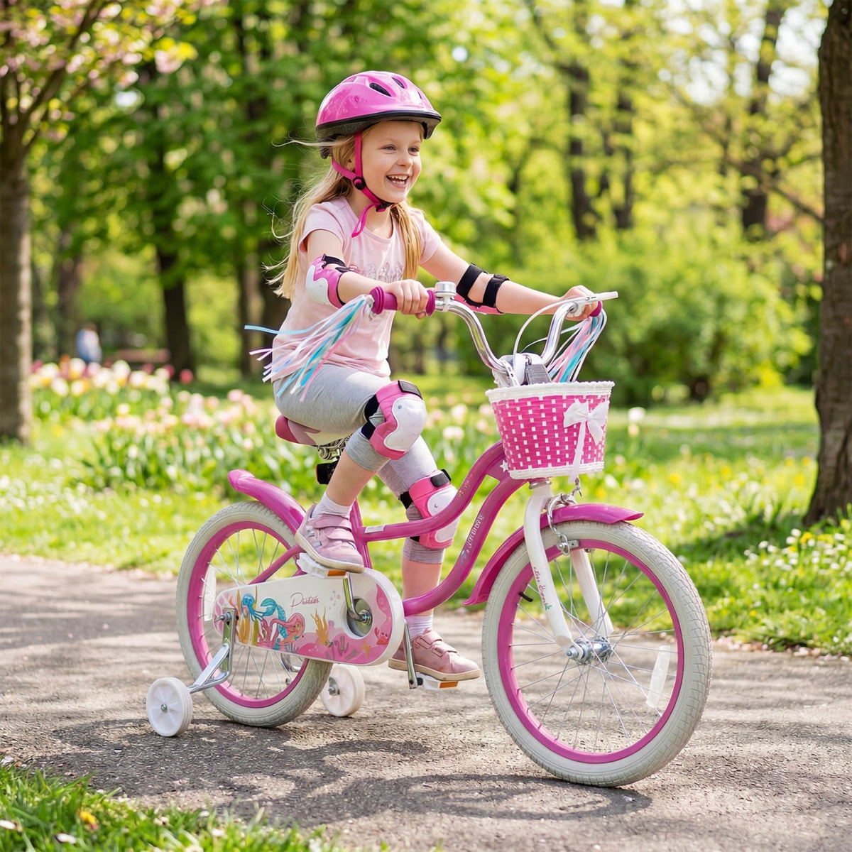 Pink 18-inch kids bike with training wheels, basket, and pink frame, perfect for young children learning to ride.