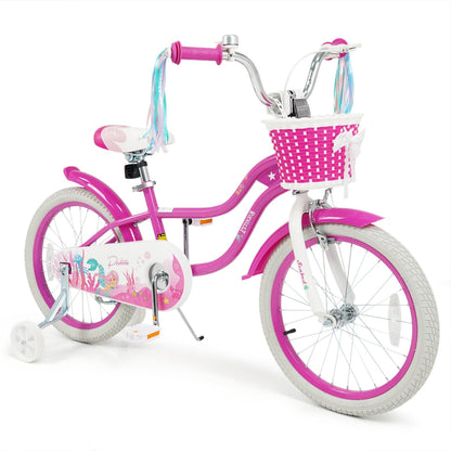 Kids 18-inch pink bike with training wheels and basket, designed for children, by GBruno Store.