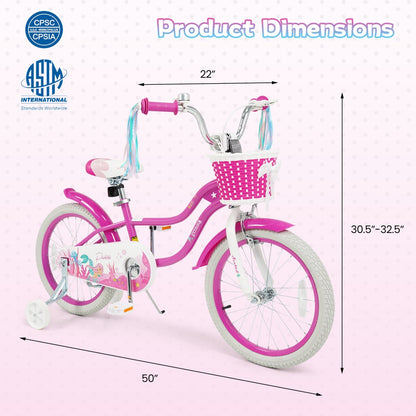 Pink 18-inch kids bike with training wheels and front basket, designed for children, by GBruno Store.