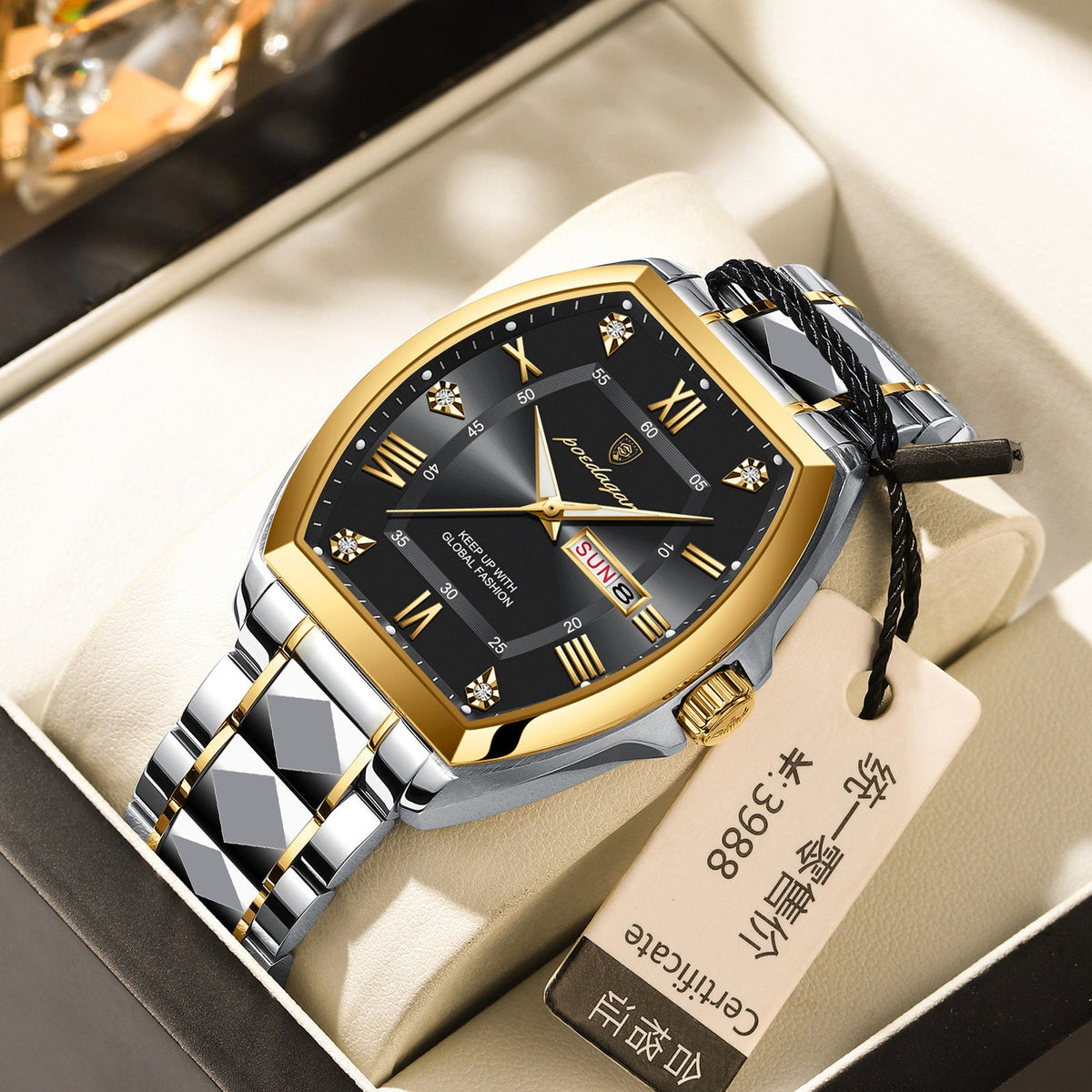 Waterproof luminous barrel-shaped quartz men's watch with a sleek dial and durable strap