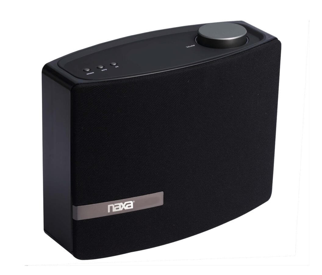 Naxa Wi-Fi and Bluetooth multi-room speaker with Amazon Alexa voice control, showing sleek black design and control buttons.
