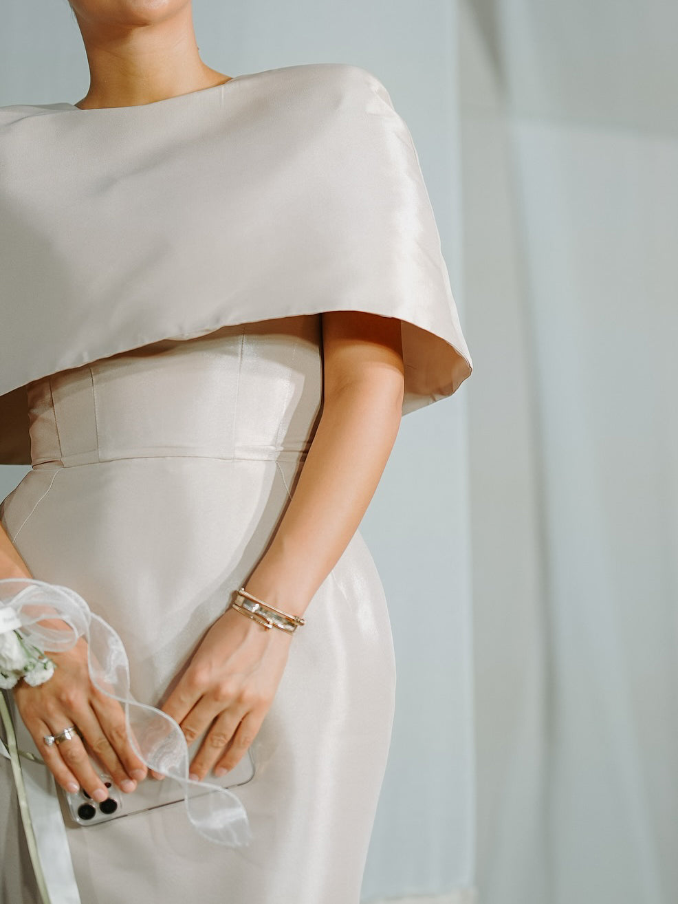 Satin cape-style top and fitted maxi dress set in an elegant two-piece silhouette