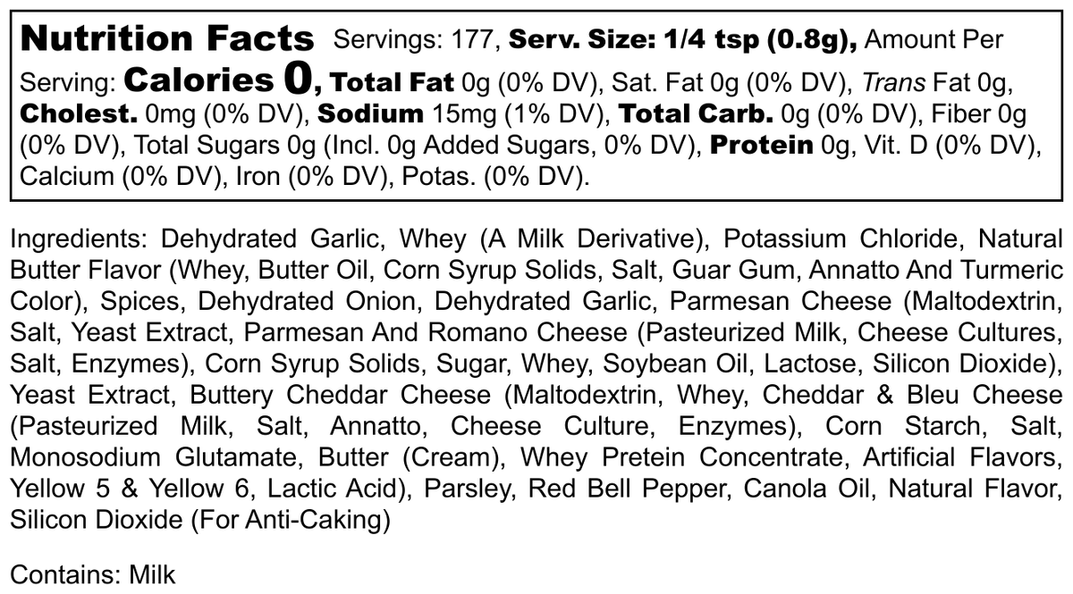 Hi-West Buttery Garlic Seasoning label showing ingredients and nutritional information in a clear, readable format.