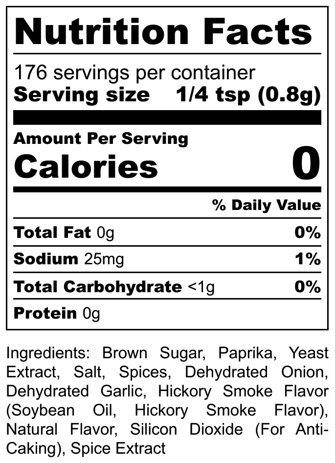 Hi-West Hickory Bacon BBQ Seasoning packet with nutrition label, a savory spice blend for grilling and BBQ dishes.
