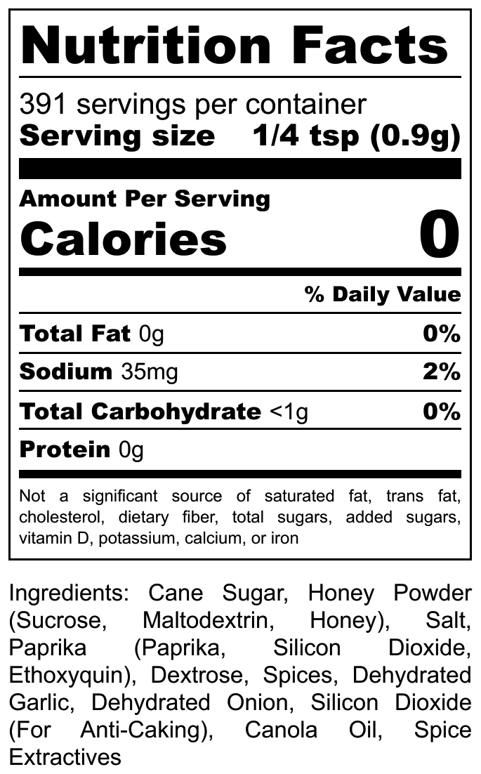 Honey seasoning bottle from Hi-West Heavenly Honey Seasoning line, with nutrition label visible on the 12.4 oz glass jar.