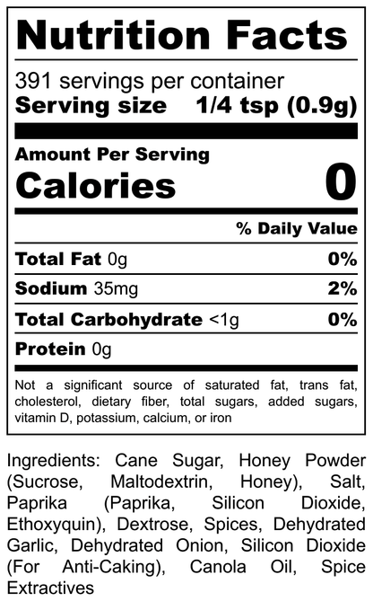 Honey seasoning bottle from Hi-West Heavenly Honey Seasoning line, with nutrition label visible on the 12.4 oz glass jar.