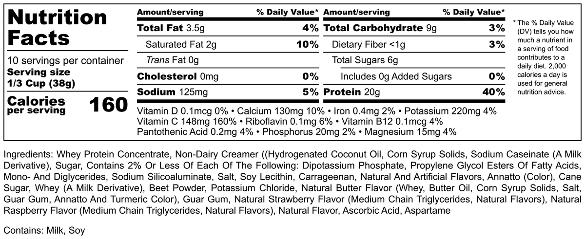 Hi-West Berry Berry protein shake with nutrition label showing fresh berries and creamy texture in a glass.