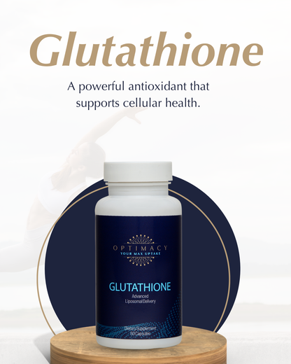 Liposomal Glutathione supplement by OPTIMACY, showing the bottle with a white label and clear cap, on a plain background.
