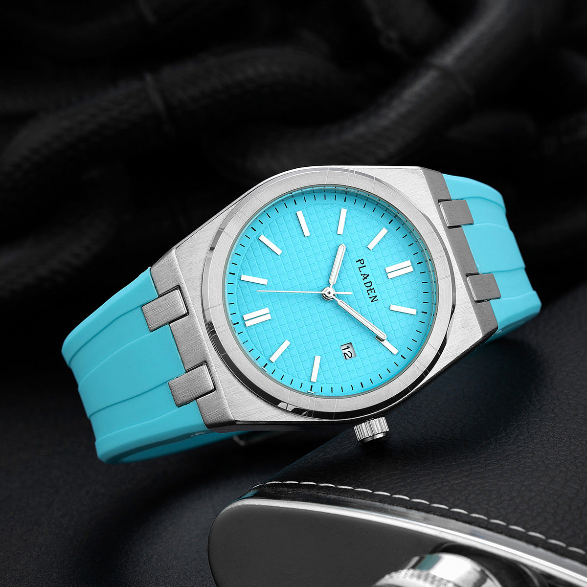 Simple business quartz watch with black silicone strap and round analog dial