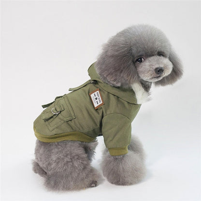 Dog wearing a cap coat with adjustable fit and full back coverage