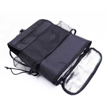 Thermal bag car seat organizer with multiple compartments for storing drinks and essentials in the vehicle