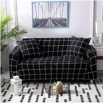 Elastic universal sofa cover in stretch fabric, shown fitted over a sofa back and seat