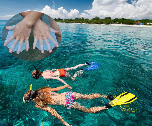 Pair of unisex frog-style swimming hand flippers with palm webbed gloves and paddle design