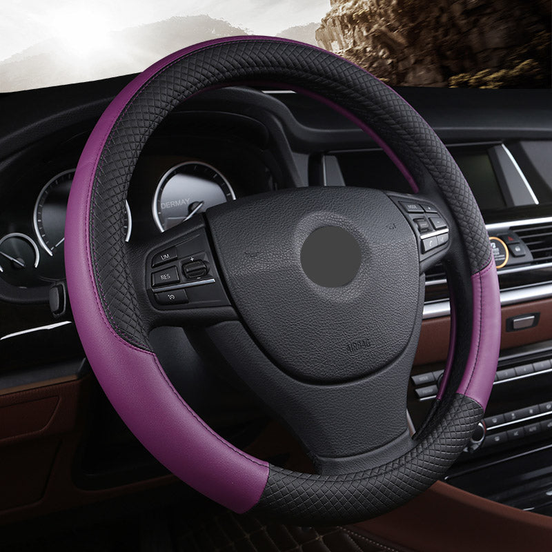 Universal leather car steering wheel cover in black, close-up product view