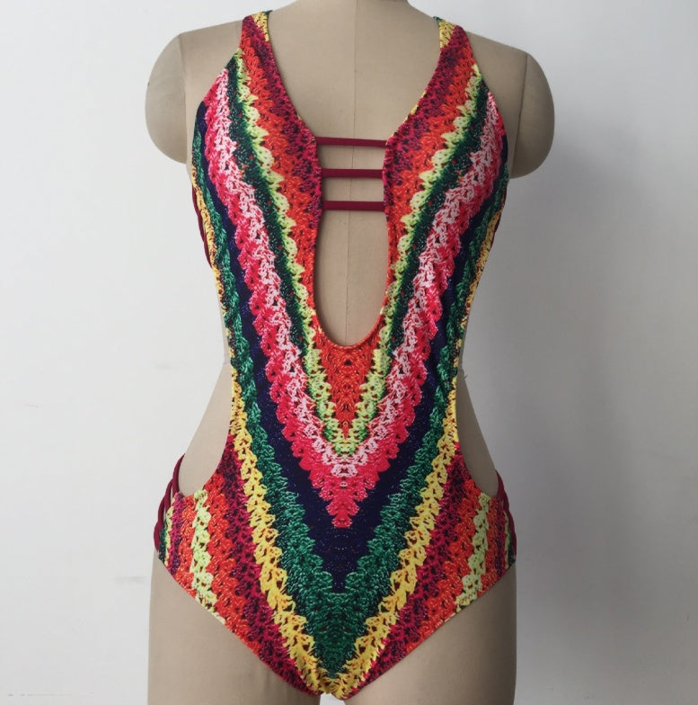Printed bikini women's one piece swimsuit in a colorful all-over pattern