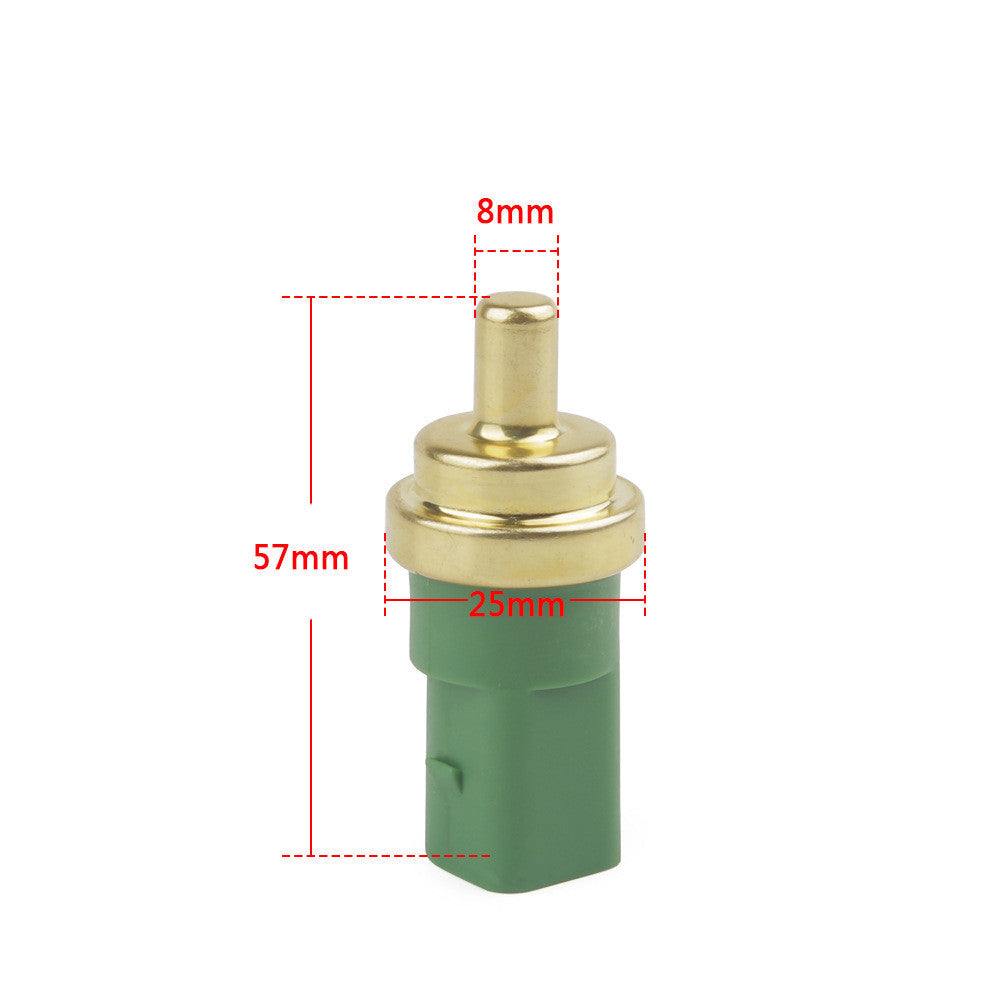 Automotive water temperature sensor, Type 0, shown in close-up with threaded metal housing and electrical connector