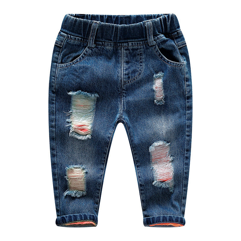 Children's ripped denim pants for boys, classic blue jeans with distressed details