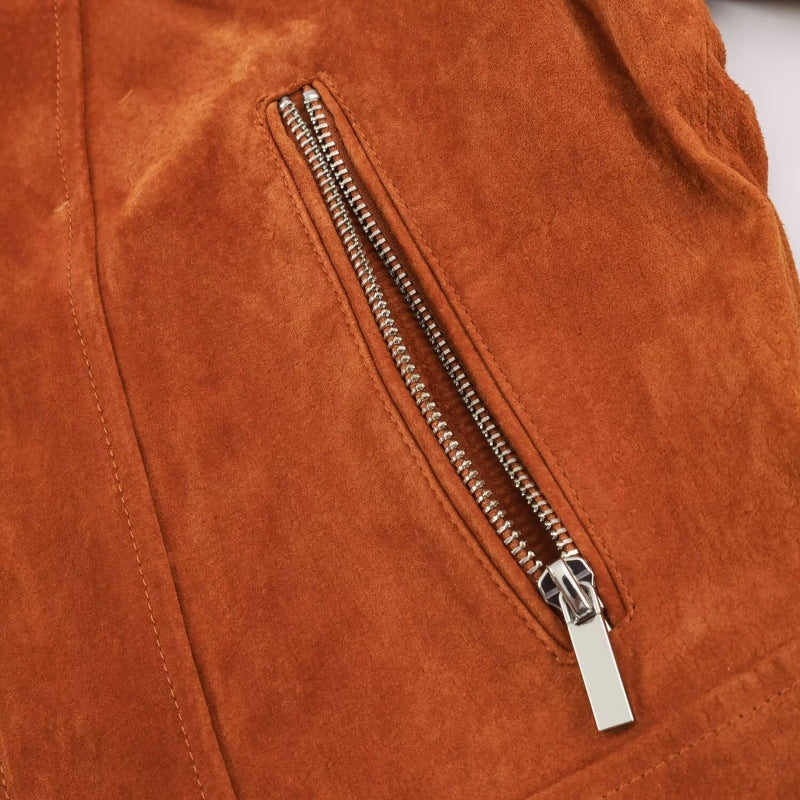 Vintage leather stand-collar flight jacket in brown with zip front and ribbed cuffs