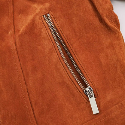 Vintage leather stand-collar flight jacket in brown with zip front and ribbed cuffs