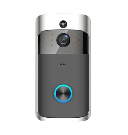 Wireless video camera doorbell ringer in black with camera lens and illuminated doorbell button