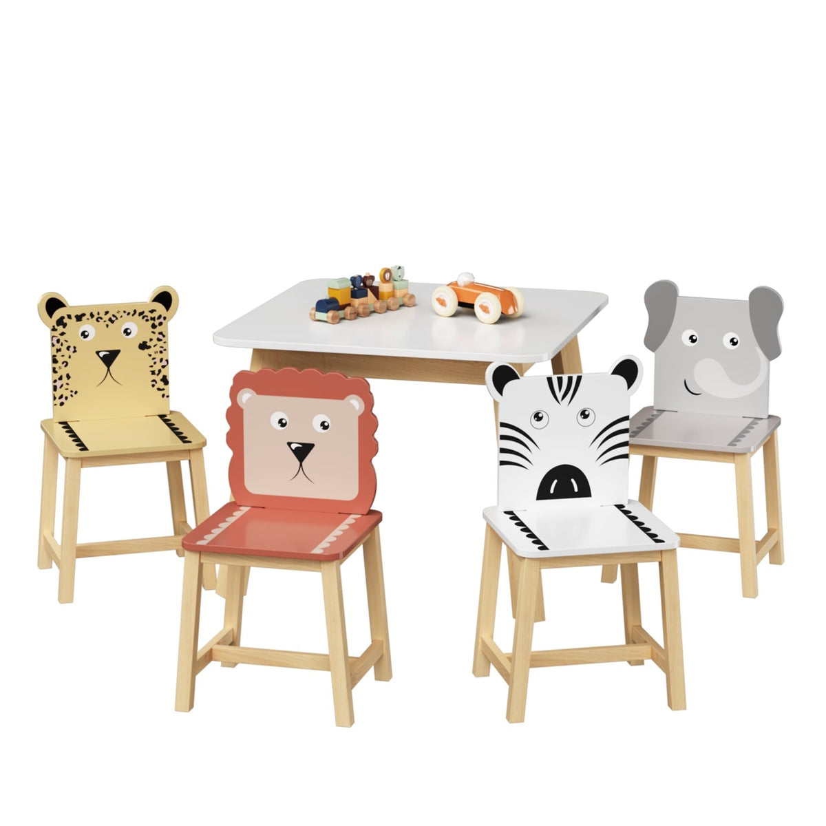 Kids furniture set featuring a table and four chairs with colorful animal designs, ideal for children’s playroom or bedroom.