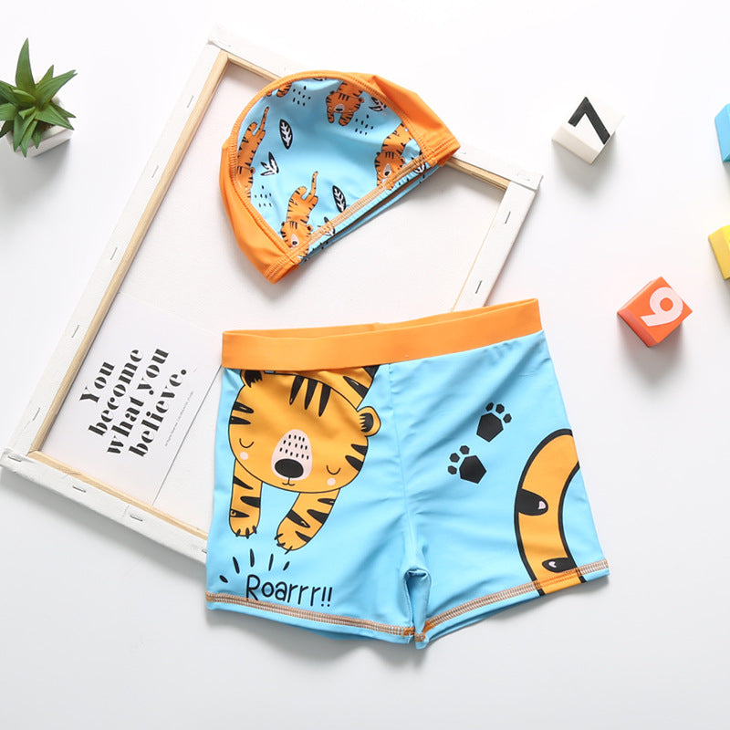 Cartoon dinosaur swimming trunks set for kids, colorful dinosaur print on elastic-waist swim shorts