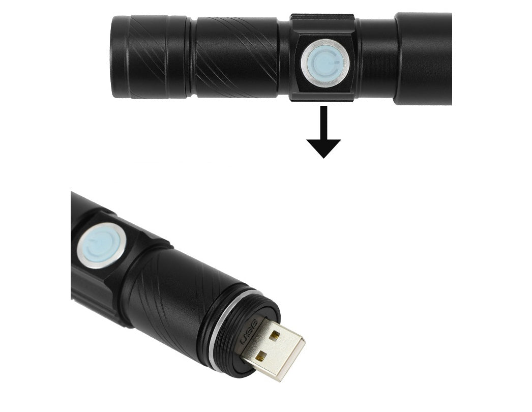 Mini waterproof rechargeable LED flashlight with USB charging, compact black design