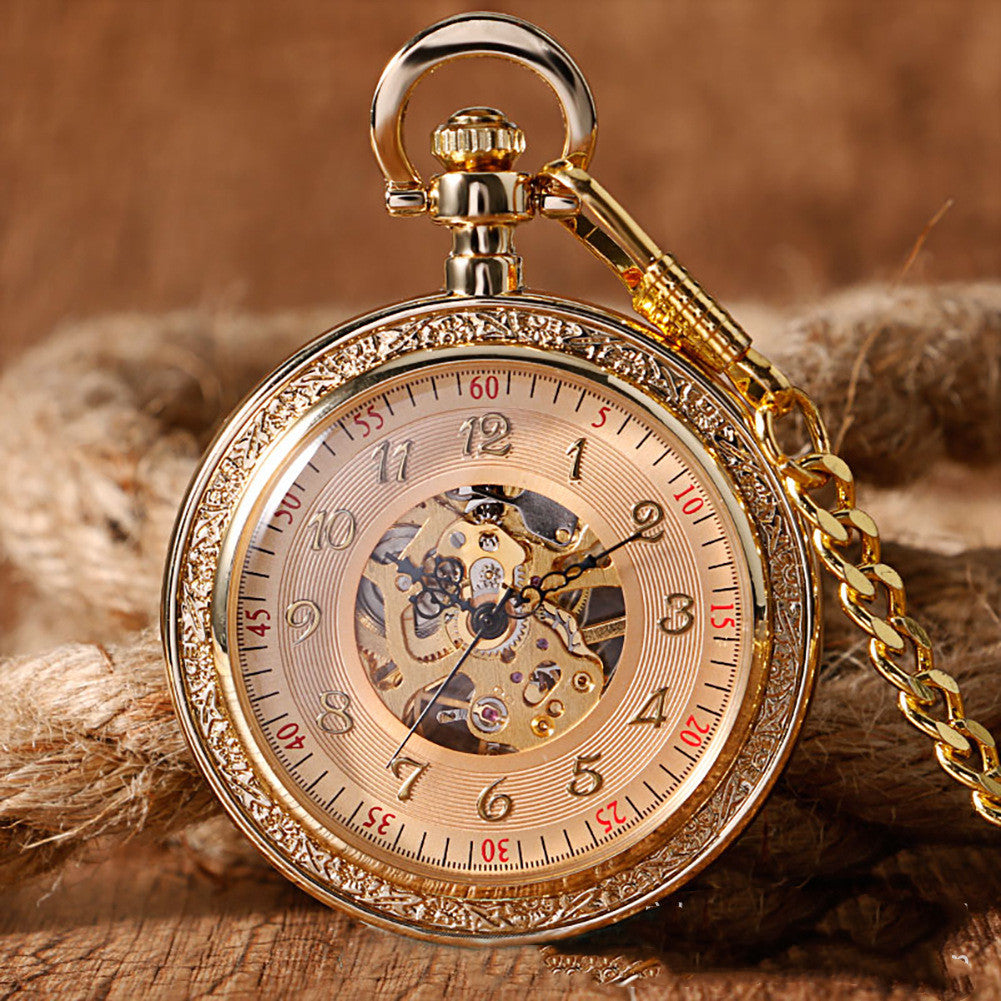 Carved mechanical pocket watch with ornate engraved cover and classic round design