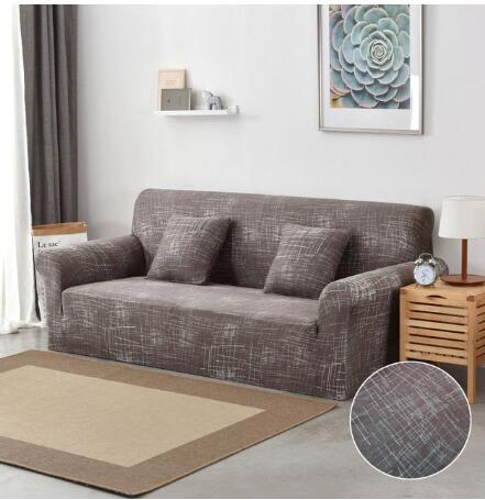 Elastic universal sofa cover in neutral fabric, fitted over a standard sofa for full seat and back protection