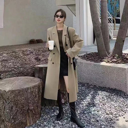 Black long trench coat for women, double-breasted suit-style design for spring and autumn