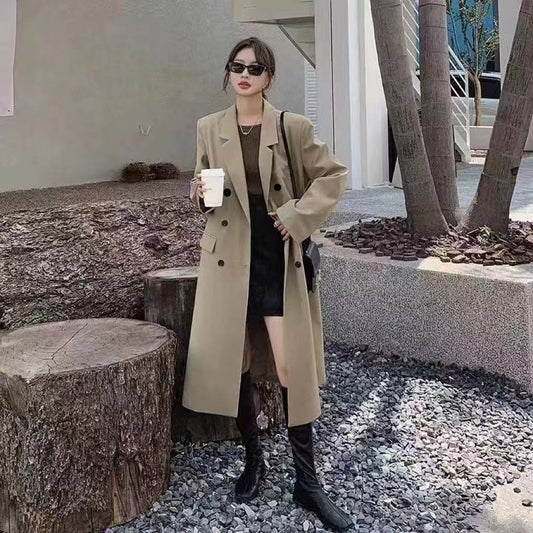 Black long trench coat for women, double-breasted suit-style design for spring and autumn