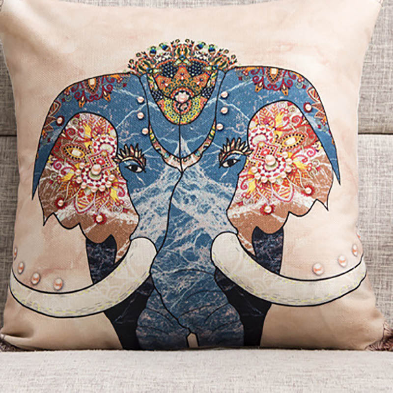 Elephant pillow cushion cover with detailed elephant design in soft neutral tones