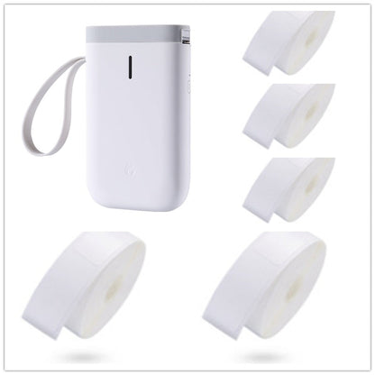 Small portable handheld printer in white with compact rectangular design and paper output slot