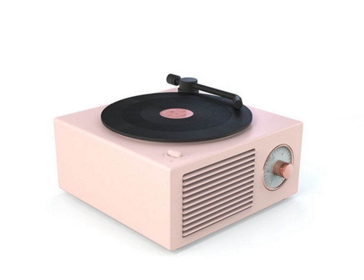 Retro vinyl wireless Bluetooth small sound speaker with vintage record player design and compact black cabinet