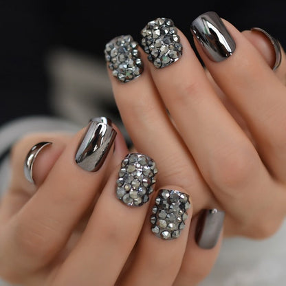 Metal false nails for women, metallic artificial fingernails close-up