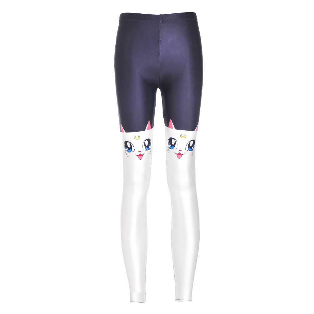 Women's fitness leggings with white cat print, fashion design