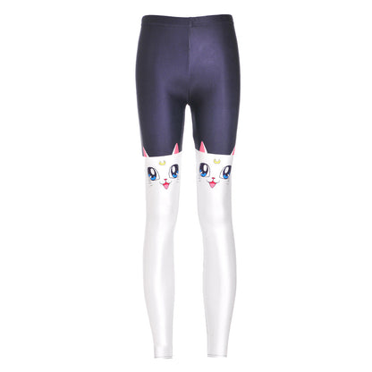 Women's fitness leggings with white cat print, fashion design