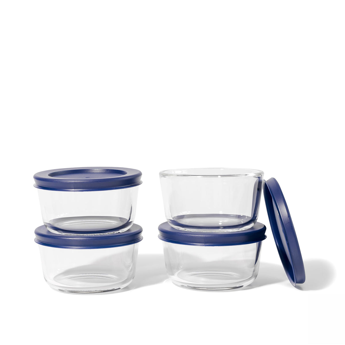 Set of 8 round glass storage containers with blue lids, Dura Living glassware, 7Oz capacity, ideal for kitchen storage.
