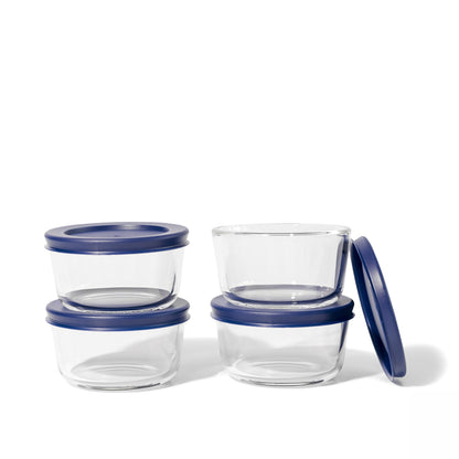 Set of 8 round glass storage containers with blue lids, Dura Living glassware, 7Oz capacity, ideal for kitchen storage.