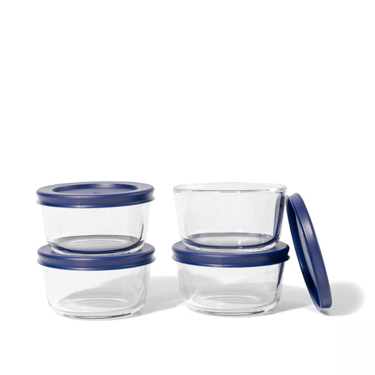 Set of 8 round glass storage containers with blue lids, Dura Living glassware, 7Oz capacity, ideal for kitchen storage.
