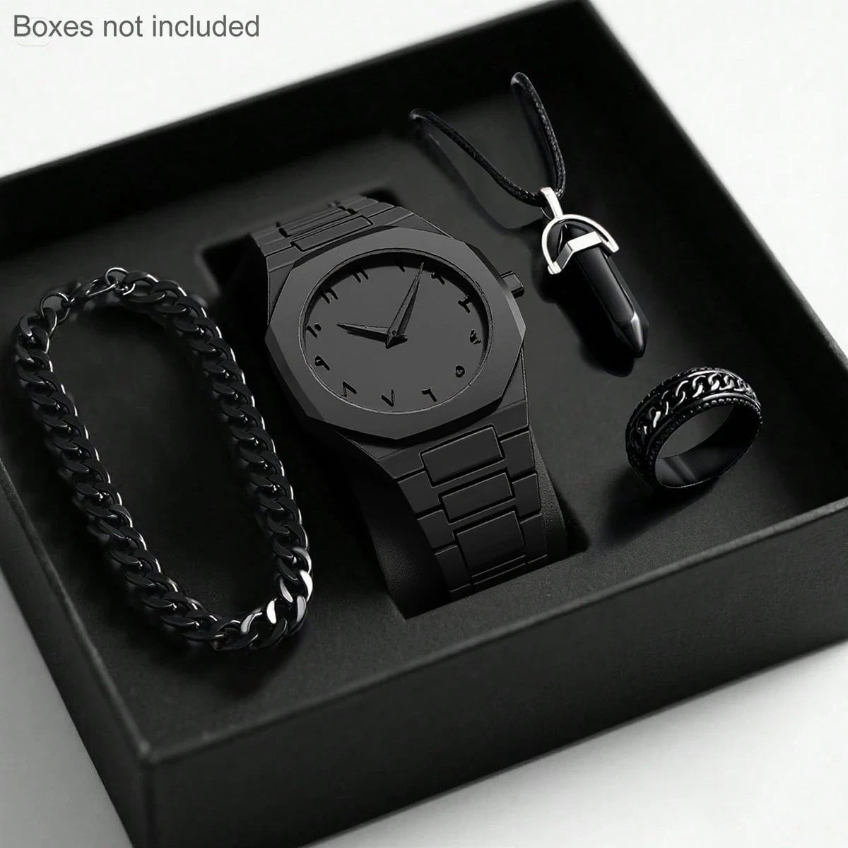 Men's quartz watch, necklace, and bracelet set with coordinated accessories shown together