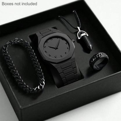 Men's quartz watch, necklace, and bracelet set with coordinated accessories shown together