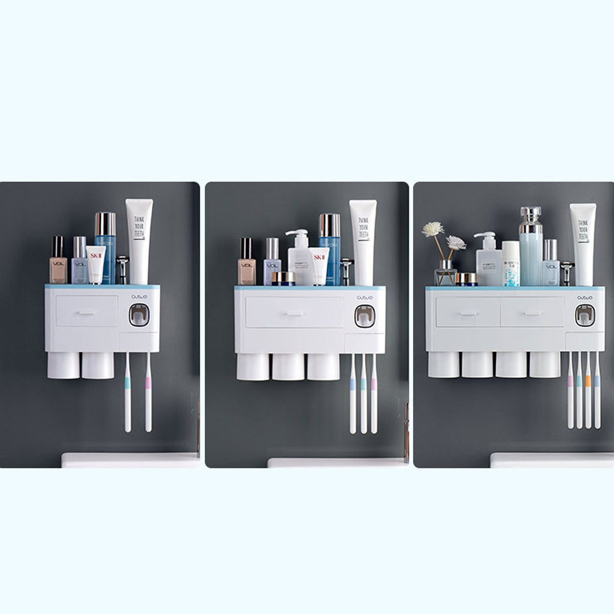 Hanging magnetic toothbrush holder with single drawer, toothpaste squeezer, and non-marking adhesive rackancy