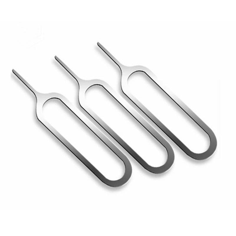 SIM card slot card taking pin compatible with mobile phones, metal eject tool displayed on a plain background