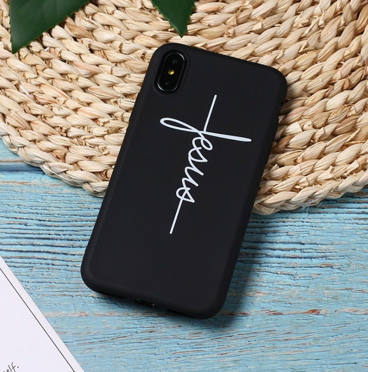 Cross phone case compatible with Apple devices, black cross design visible on the case