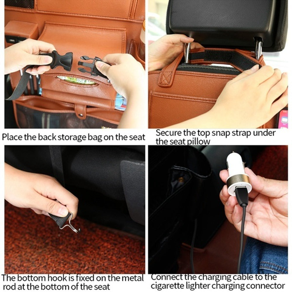 Car backrest storage bag with multifunctional seat organizer pockets and adjustable straps