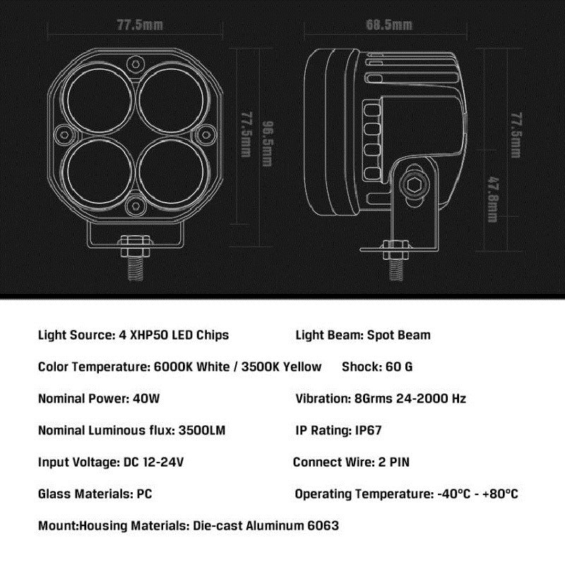 Off-road LED square spotlight for truck or car, rugged black auxiliary light